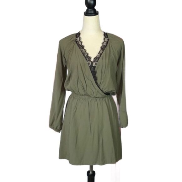 3/$20 Express Army Green Faux Wrap Top Dress With Elastic Waist & Lace (S) - Picture 1 of 14